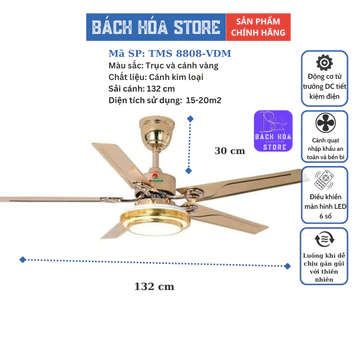 Quạt Trần Đèn 5 Cánh , Động Cơ DC Lõi đồng, Sải cánh 1320 mm, Khiển Quạt trần phòng khách Led TMS 8808-VĐM