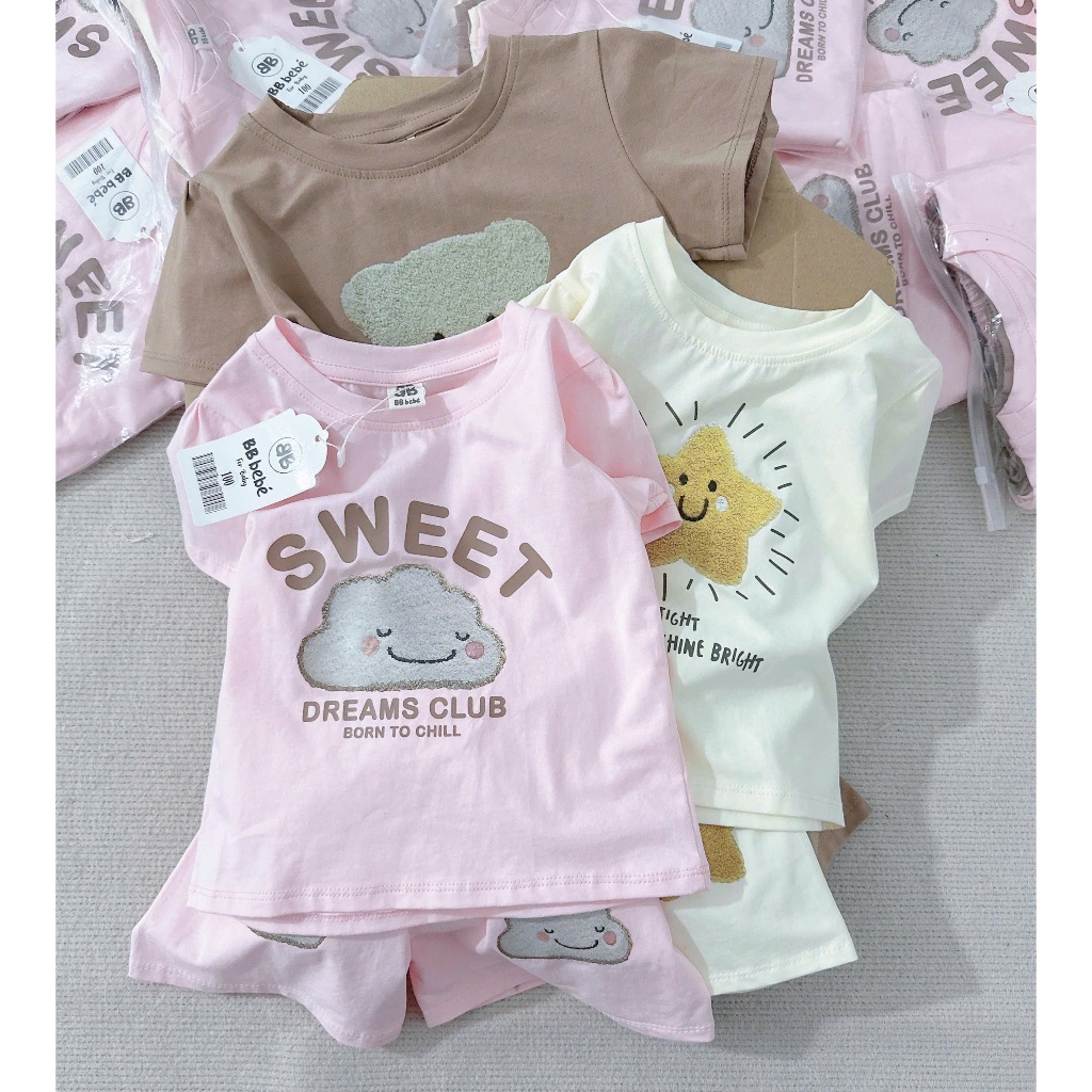 Combo 3 bộ cotton in hoạ tiết, set 3 bộ cotton cộc tay mềm mát cho bé