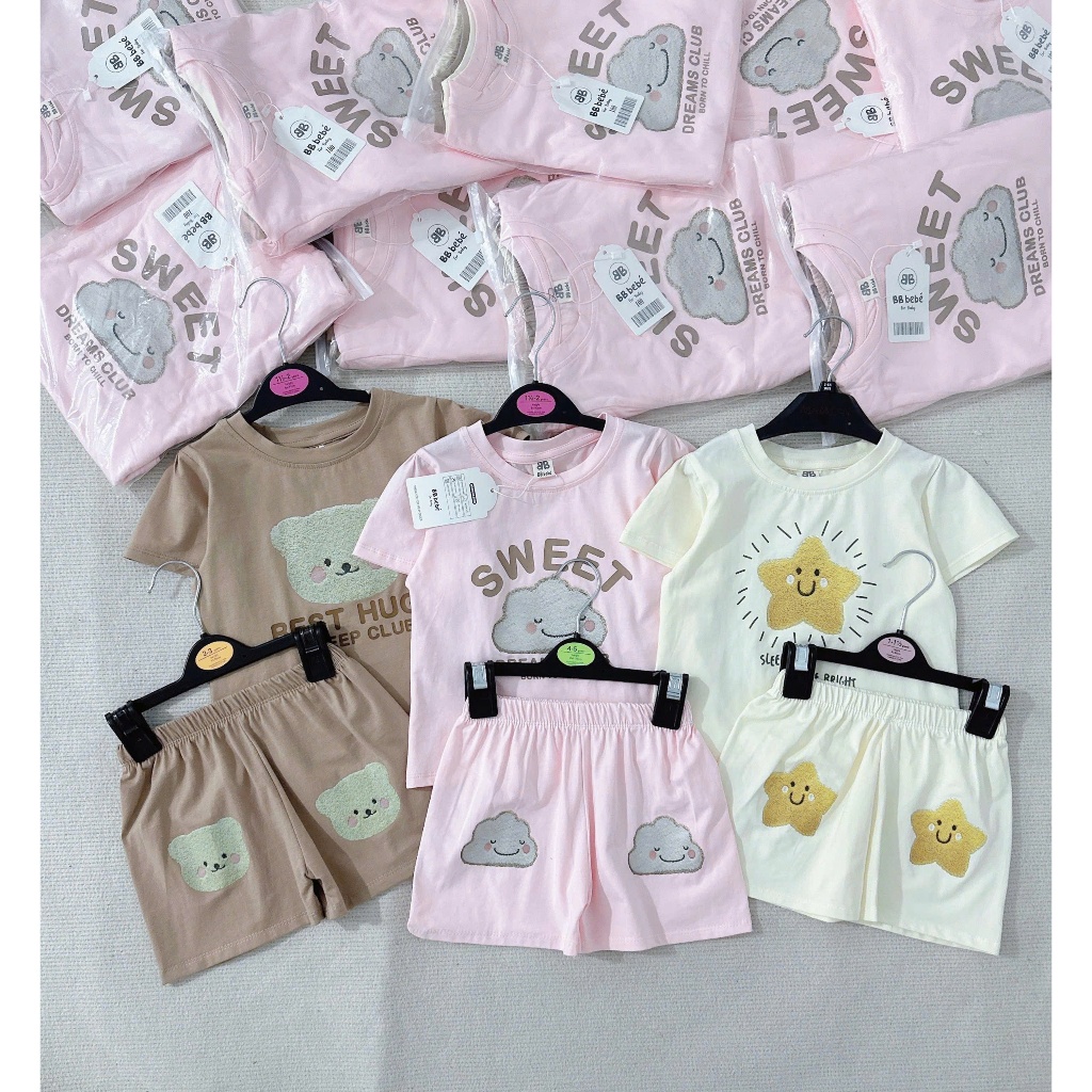 Combo 3 bộ cotton in hoạ tiết, set 3 bộ cotton cộc tay mềm mát cho bé