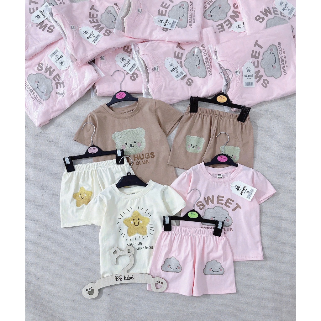 Combo 3 bộ cotton in hoạ tiết, set 3 bộ cotton cộc tay mềm mát cho bé