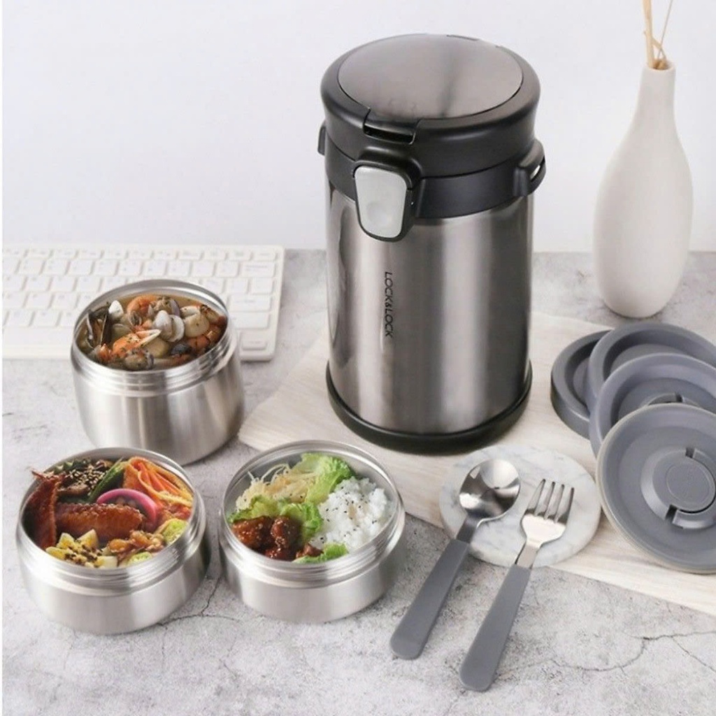 Bộ hộp cơm giữ nhiệt LocknLock Easy Take Lunch Box LHC8034 2L, có Túi, 3 Hộp, Bộ Muỗng Nĩa - K-MALL