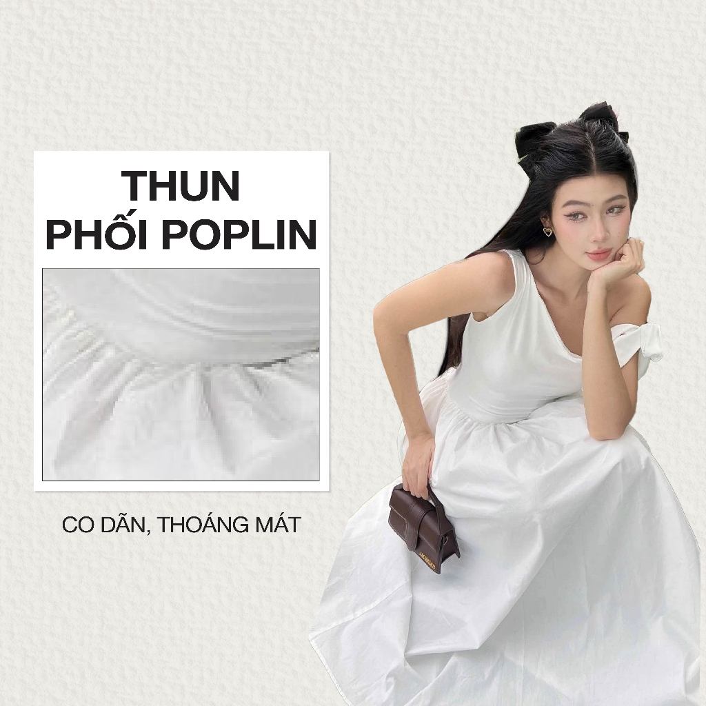 Ảnh DOTTIE - Đầm midi lệch vai phối vải poplin - Trắng - D0679 1