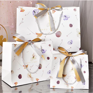 Túi Giấy Happy Time Họa Tiết Cây Cỏ Phối Dây Nơ Xám Vàng Xinh Xắn