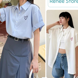 T Áo sơ mi tay ngắn gấp thêu tim, sơ mi cộc tay thêu hình,sơ mi cộc tay nữ thêu tim chất liệu thoáng mát