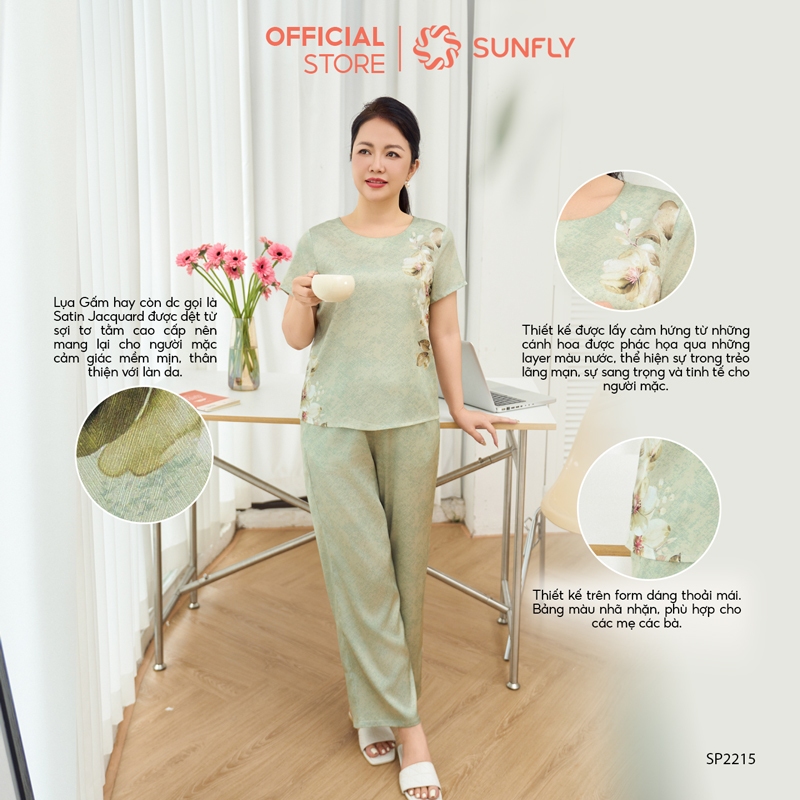 Ảnh Đồ bộ mặc nhà nữ lụa satin jacquard SUNFLY áo cộc quần dài SP2215, bộ lụa trung niên mềm mịn 2