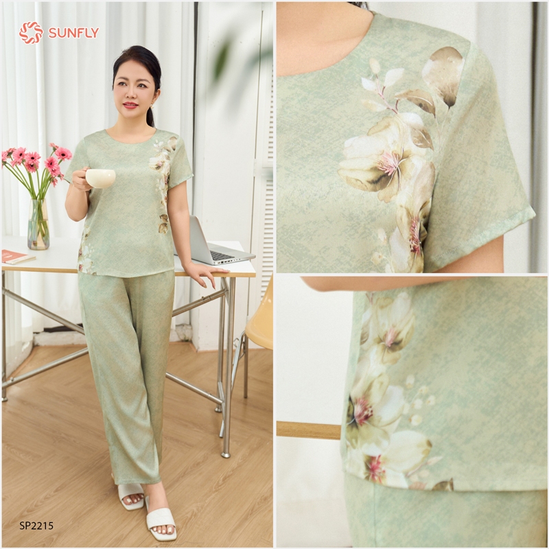 Ảnh Đồ bộ mặc nhà nữ lụa satin jacquard SUNFLY áo cộc quần dài SP2215, bộ lụa trung niên mềm mịn 4
