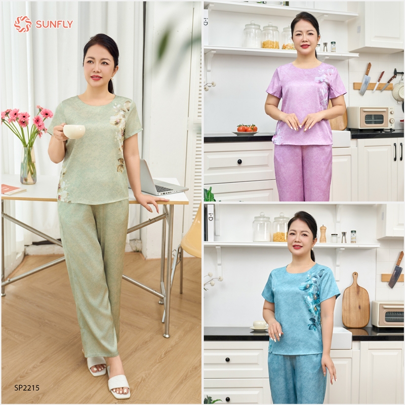 Ảnh Đồ bộ mặc nhà nữ lụa satin jacquard SUNFLY áo cộc quần dài SP2215, bộ lụa trung niên mềm mịn 3
