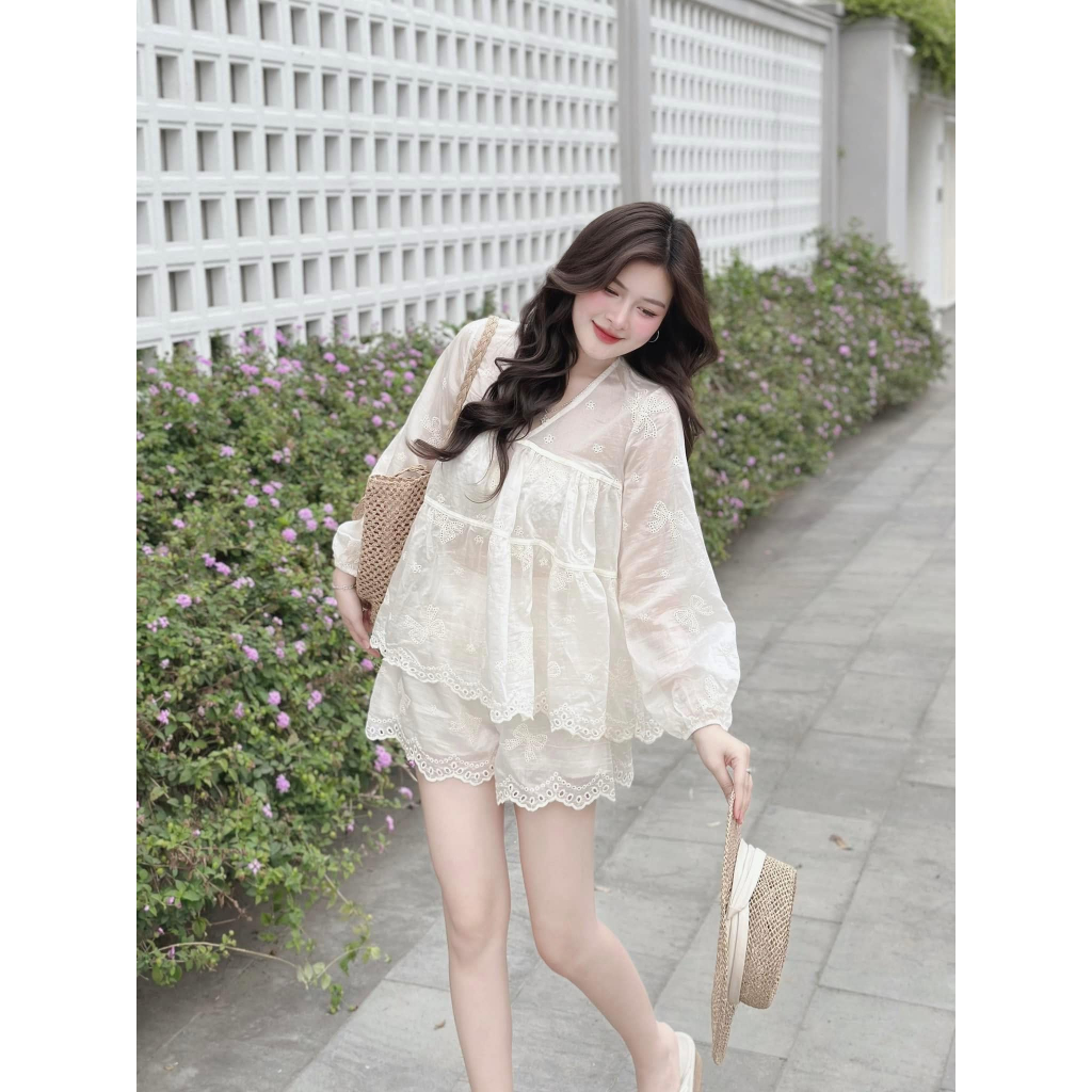 đồ bộ nữ , set đồ nữ babaydoll ren cổ V dài tay phối quần đùi siêu xinh thích  Donna HCOM25458