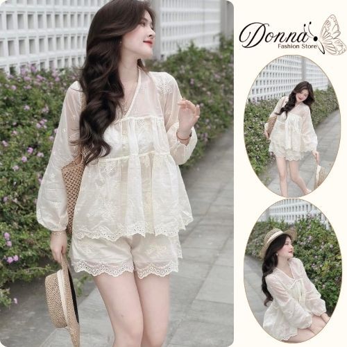 đồ bộ nữ , set đồ nữ babaydoll ren cổ V dài tay phối quần đùi siêu xinh thích  Donna HCOM25458