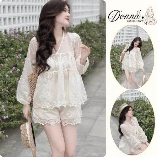 đồ bộ nữ , set đồ nữ babaydoll ren cổ V dài tay phối quần đùi siêu xinh thích Donna HCOM25458