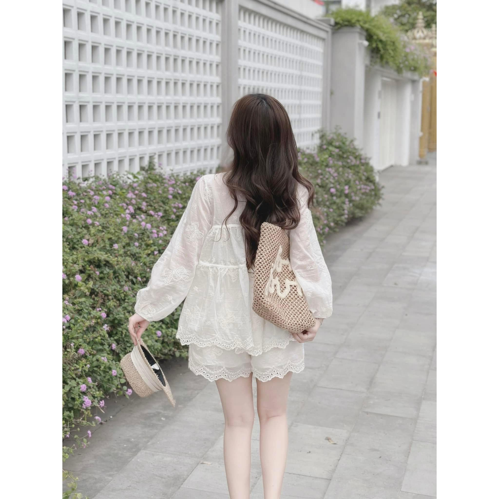 đồ bộ nữ , set đồ nữ babaydoll ren cổ V dài tay phối quần đùi siêu xinh thích  Donna HCOM25458