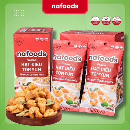 Hạt Điều Tẩm Vị TomYum Nafoods Hộp 180g - Hạt Điều Rang Giòn, Vị Chua Cay Chuẩn Thái, Snack Ăn Vặt (30g/Gói x 6)