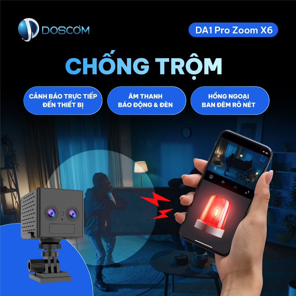 Camera 4G mini DOSCOM DA1 Pro zoom quang học X6 - tầm nhìn đêm hồng ngoại không phát ánh sáng đỏ