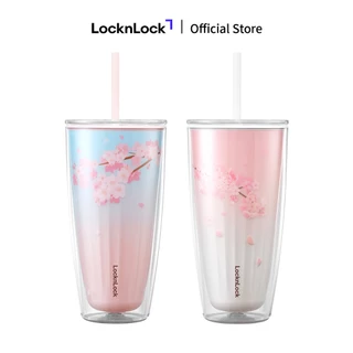 Ly nhựa 2 lớp Lock&Lock Cherry Blossom double wall cold cup 750ml kèm ống hút HAP522