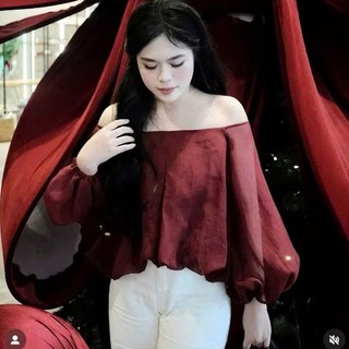 Áo Voan Tơ Trễ Vai Tay Bồng 2 Lớp Phồng Gấu Áo Trễ Vai Tiểu THư Có Lót Sang Chảnh Freesize