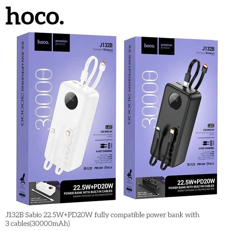 Sạc dự phòng J132B 30000mah sạc nhanh 22,5w. tích hợp sẵn 2 dây sạc