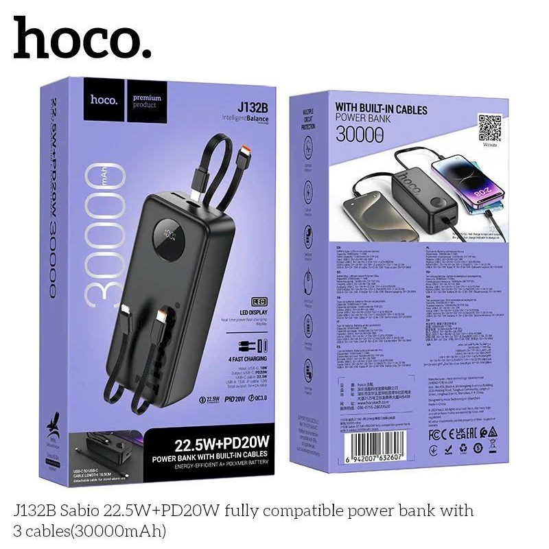 Sạc dự phòng J132B 30000mah sạc nhanh 22,5w. tích hợp sẵn 2 dây sạc