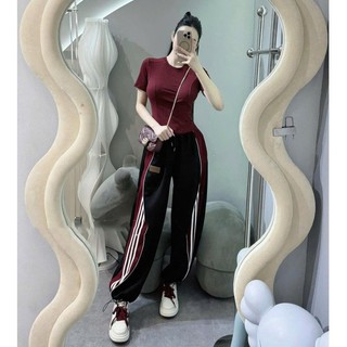 Set Bộ Đồ Nữ TV Đỏ Xanh THan Áo Thun Zip Trơn 4c Ôm Body Ngắn Tay Mix Quần Suông DàiMif Hàn Boom Gấu Phối Sọc Freesize