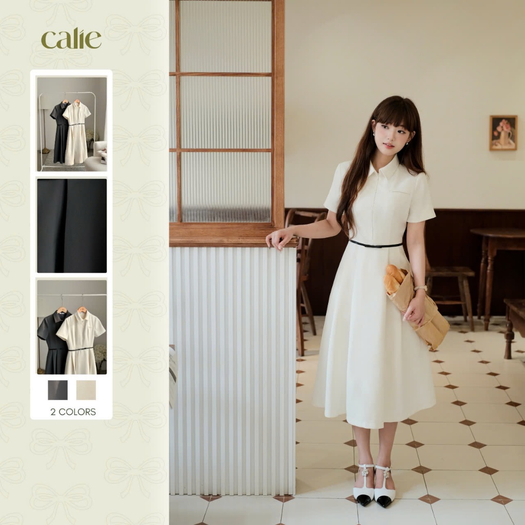 Váy dáng xòe cổ đức đai nơ eo, chất liệu cao cấp thời trang nữ thiết kế Calie VX237 | BigBuy360 - bigbuy360.vn