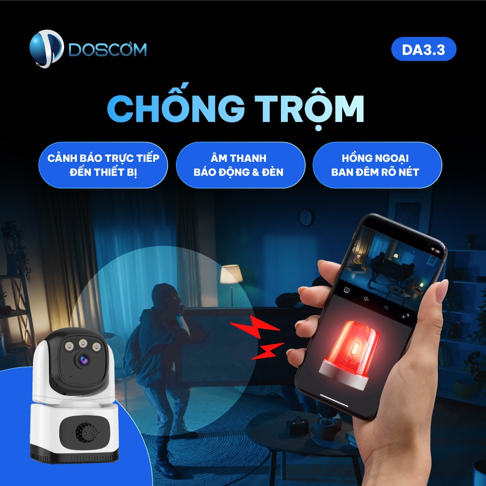Camera AI chống trộm DOSCOM DA3.3, Camera wifi giám sát an ninh, có cảnh báo bằng âm thanh và đèn