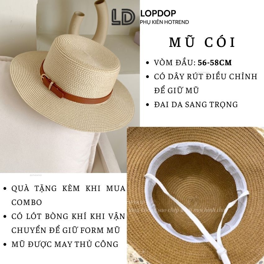 [MỞ BÁN]Combo Túi Mũ Cói Quai Da Sành Điệu, Mũ Đai Da Sang Trọng Kiểu Dáng Vintage Màu Nâu Be T16M01 LOPDOP