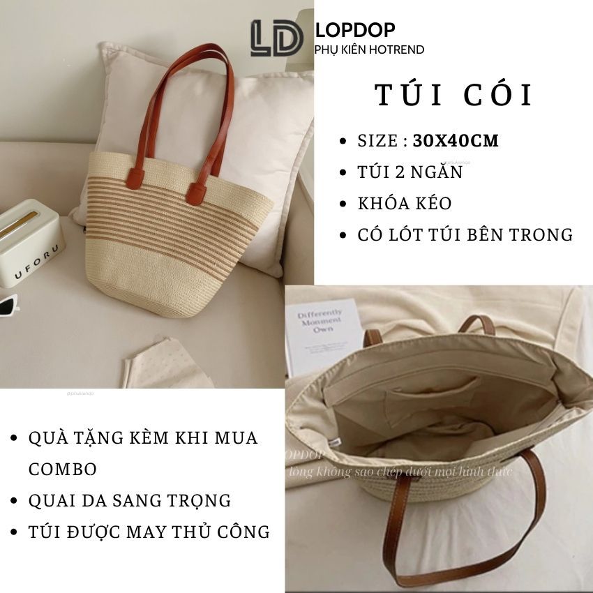 [MỞ BÁN]Combo Túi Mũ Cói Quai Da Sành Điệu, Mũ Đai Da Sang Trọng Kiểu Dáng Vintage Màu Nâu Be T16M01 LOPDOP