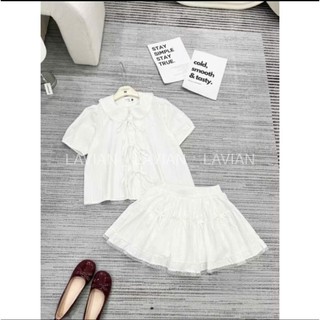 Set áo babydoll kèm chân váy cổ ren buộc nơ xinh xắn đáng yêu LAVIAN S003