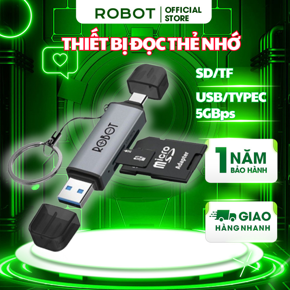 Ảnh Thiết Bị Đọc Thẻ Nhớ SD/ MicroSD ROBOT CR202/CR202S Hai Đầu Type-C Và USB 3.0 Tốc Độ Truyền Cao Vỏ Kim Loại Nhôm Cao Cấp 1
