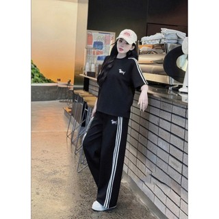 Set Bộ Đồ Mì Hàn Thom Thêu Cún Áo Phong Ngắn Tay Sọc Vai Mix Quần Suông Dài Ống Rộng