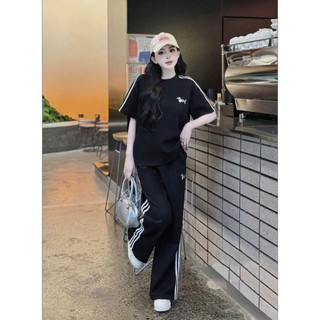 Set Bộ Đồ Mì Hàn Thom Thêu Cún Áo Phong Ngắn Tay Sọc Vai Mix Quần Suông Dài Ống Rộng