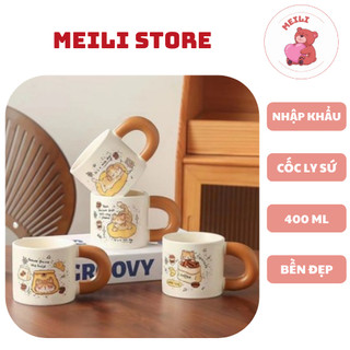Cốc Ly Sứ Uống Nước Hình Mèo Cafe Quai Nâu 400ml Quà Tặng Đáng Yêu MEILI STORE