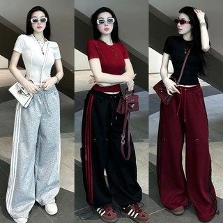 Set Bộ Đồ Nữ Áo Thun Zip Trơn VIỀN Ngắn Tay Mix Quần Thể Thao Suong Dài Ống Rộng Dây Rút Gấu Freesize