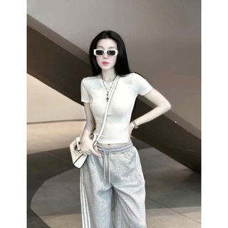 Set Bộ Đồ Nữ Áo Thun Zip Trơn VIỀN Ngắn Tay Mix Quần Thể Thao Suong Dài Ống Rộng Dây Rút Gấu Freesize