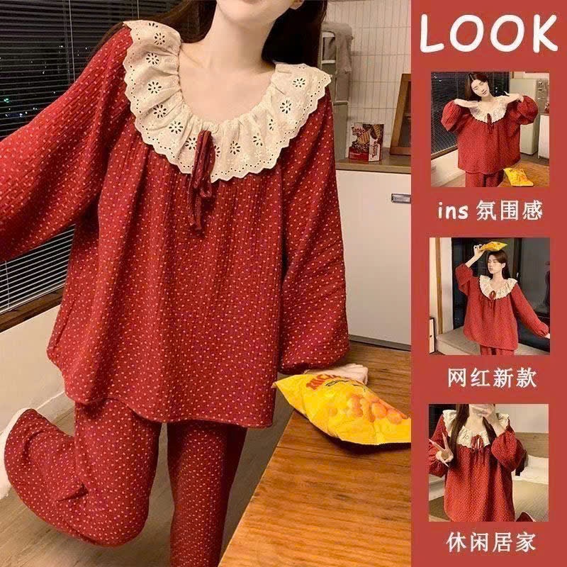 MEIQUIYI Bộ đồ dài tay mặc ở nhà hoạ tiết sọc caro/Hoa nhí cổ tròn vạt bèo thắt nơ cho nữ