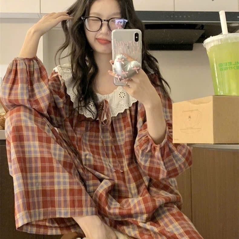 MEIQUIYI Pyjama dài tay QC cao cấp cho nữ phong cách bánh bèo thắt nơ có nhiều màu lựa chọn