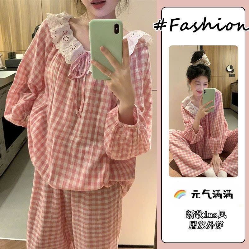 MEIQUIYI Pyjama dài tay QC cao cấp cho nữ phong cách bánh bèo thắt nơ có nhiều màu lựa chọn