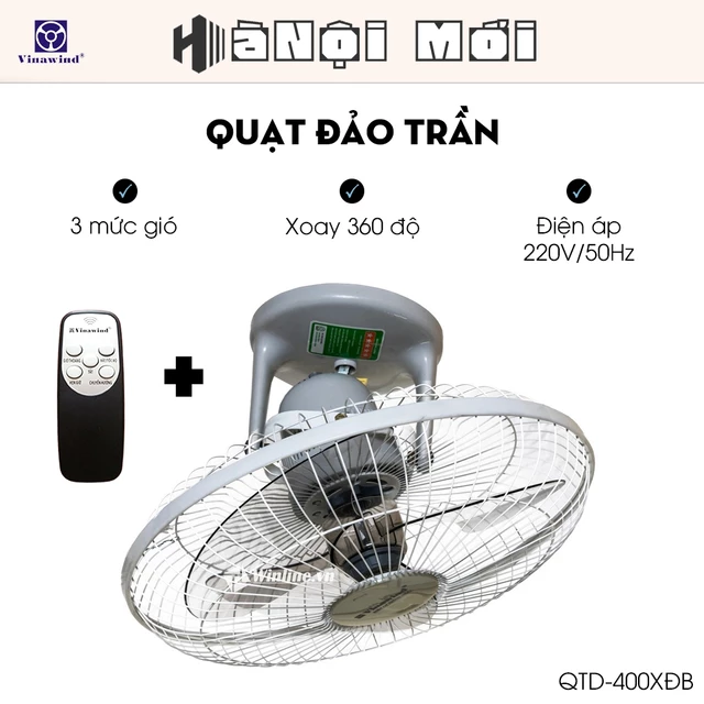 Quạt Đảo Trần Vinawind QTD-400XĐB Điều Khiển Từ Xa - Quạt Trần Đảo Có Điều Khiển 3 Mức Độ Chính Hãng ,Bảo Hành 12 Tháng