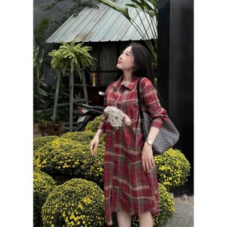 Váy Sơ Mi Kẻ Caro Xanh Than Chó Xù Lông Đính Nổi Đầm Sơ Mi Dáng Thụng Dài Freesize Form Rộng