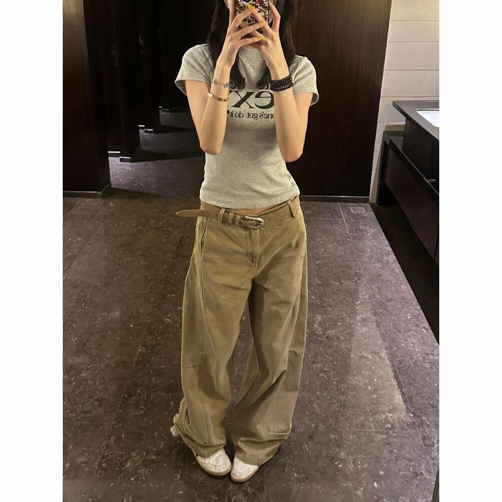 (SẴN)Quần jean kaki suông rộng ống cong màu vàng nâu trơn thời trang đường phố cơ bản QJ002 - Tiktik