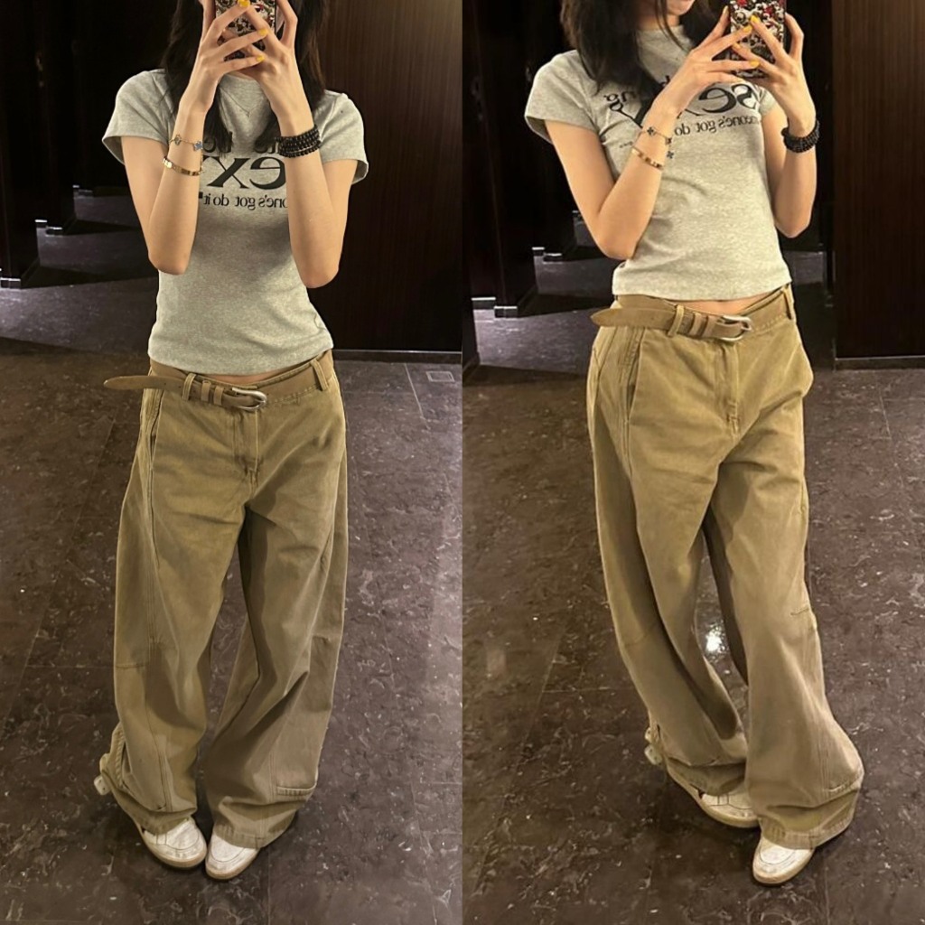 (SẴN)Quần jean kaki suông rộng ống cong màu vàng nâu trơn thời trang đường phố cơ bản QJ002 - Tiktik