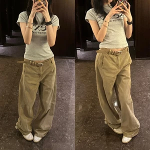 Quần jean kaki suông rộng ống cong màu vàng nâu trơn thời trang đường phố cơ bản QJ002 - Tiktik