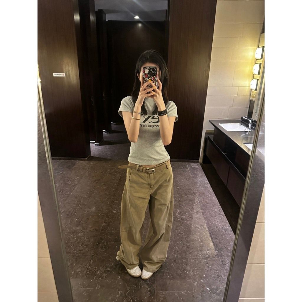 (SẴN)Quần jean kaki suông rộng ống cong màu vàng nâu trơn thời trang đường phố cơ bản QJ002 - Tiktik