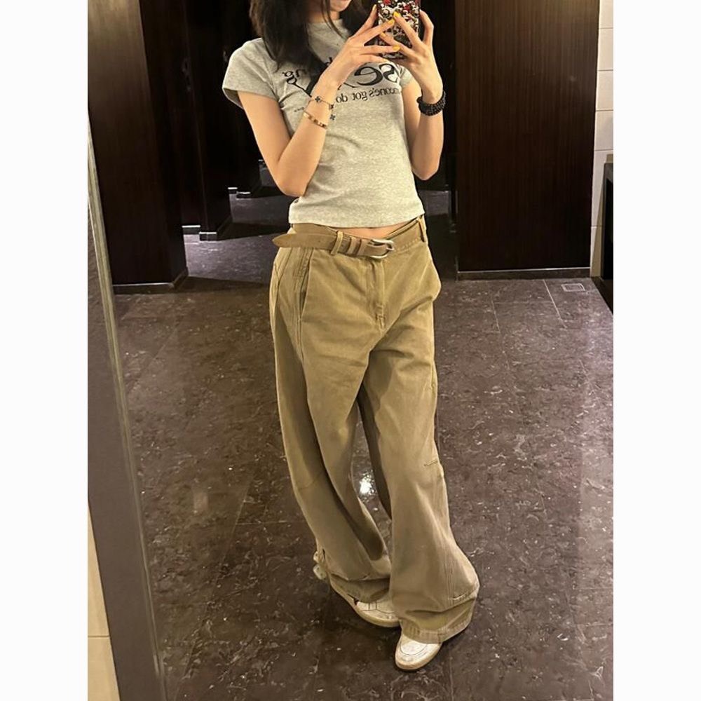 (SẴN)Quần jean kaki suông rộng ống cong màu vàng nâu trơn thời trang đường phố cơ bản QJ002 - Tiktik