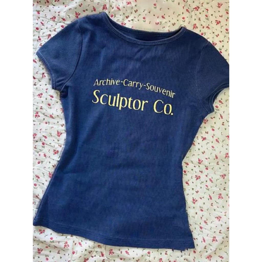 Áo thun baby tee xanh than cổ tròn chữ vàng SCULPTOR và hồng ngôi sao chất thun co giãn ABBT024  - Tiktik