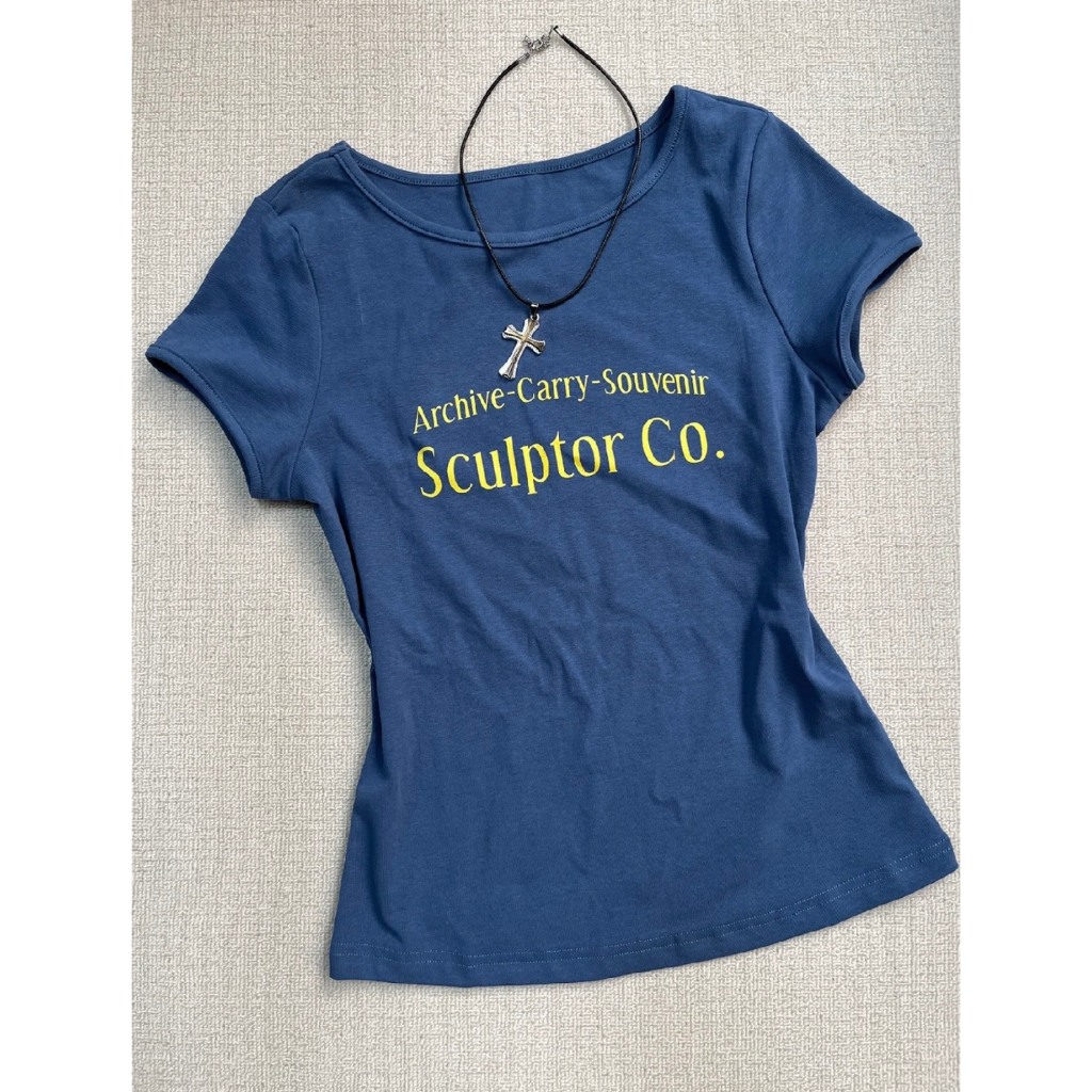 Áo thun baby tee xanh than cổ tròn chữ vàng SCULPTOR và hồng ngôi sao chất thun co giãn ABBT024  - Tiktik