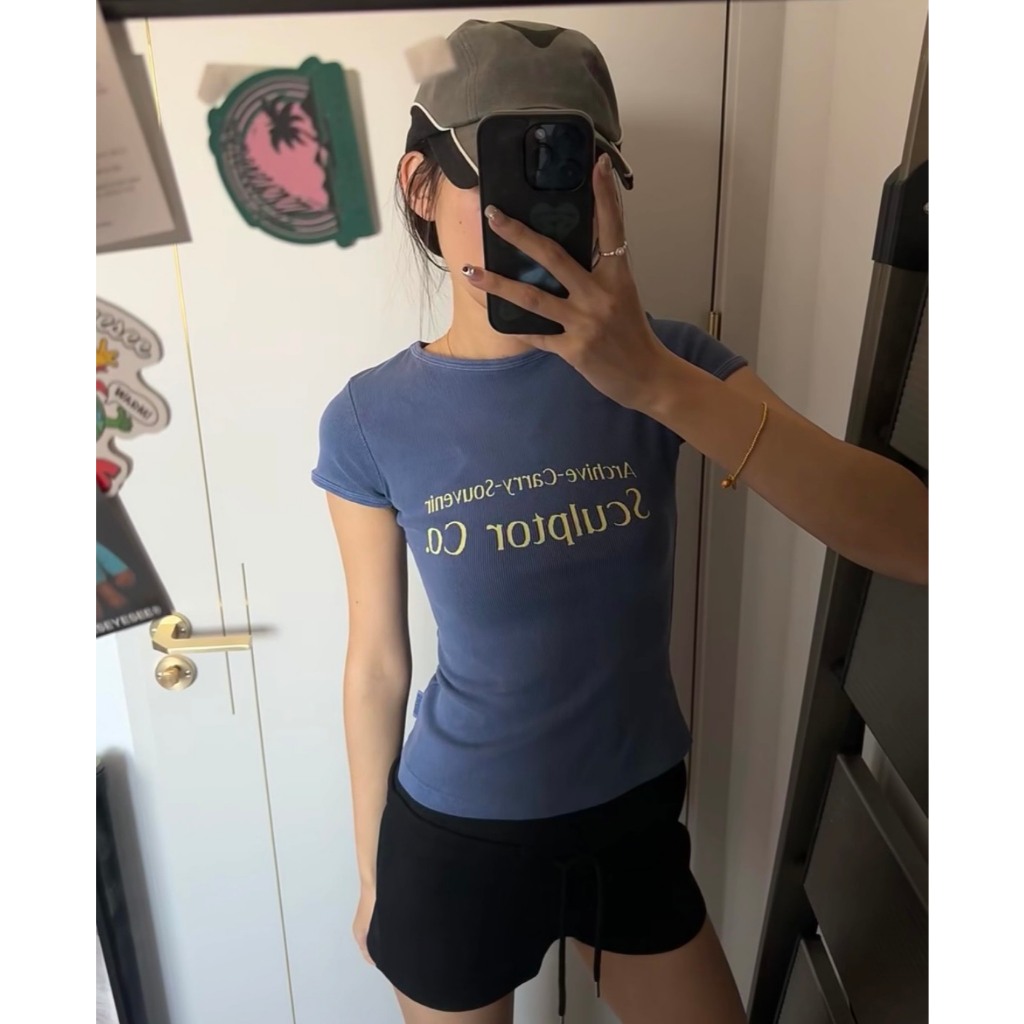 Áo thun baby tee xanh than cổ tròn chữ vàng SCULPTOR và hồng ngôi sao chất thun co giãn ABBT024  - Tiktik