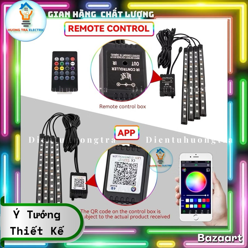 Bộ 4 Thanh Đèn 72 Mắt Led Cảm Ứng Gầm Ghế Nội Thất Ô Tô Nháy Theo Nhạc Điều Khiển Qua App Điện Thoại