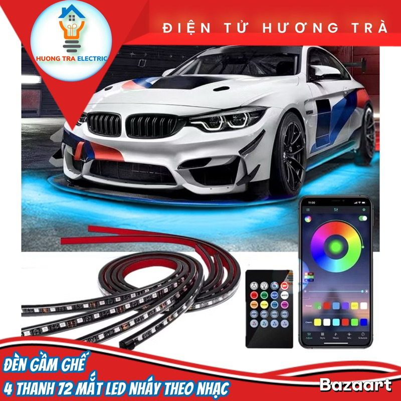 Bộ 4 Thanh Đèn 72 Mắt Led Cảm Ứng Gầm Ghế Nội Thất Ô Tô Nháy Theo Nhạc Điều Khiển Qua App Điện Thoại