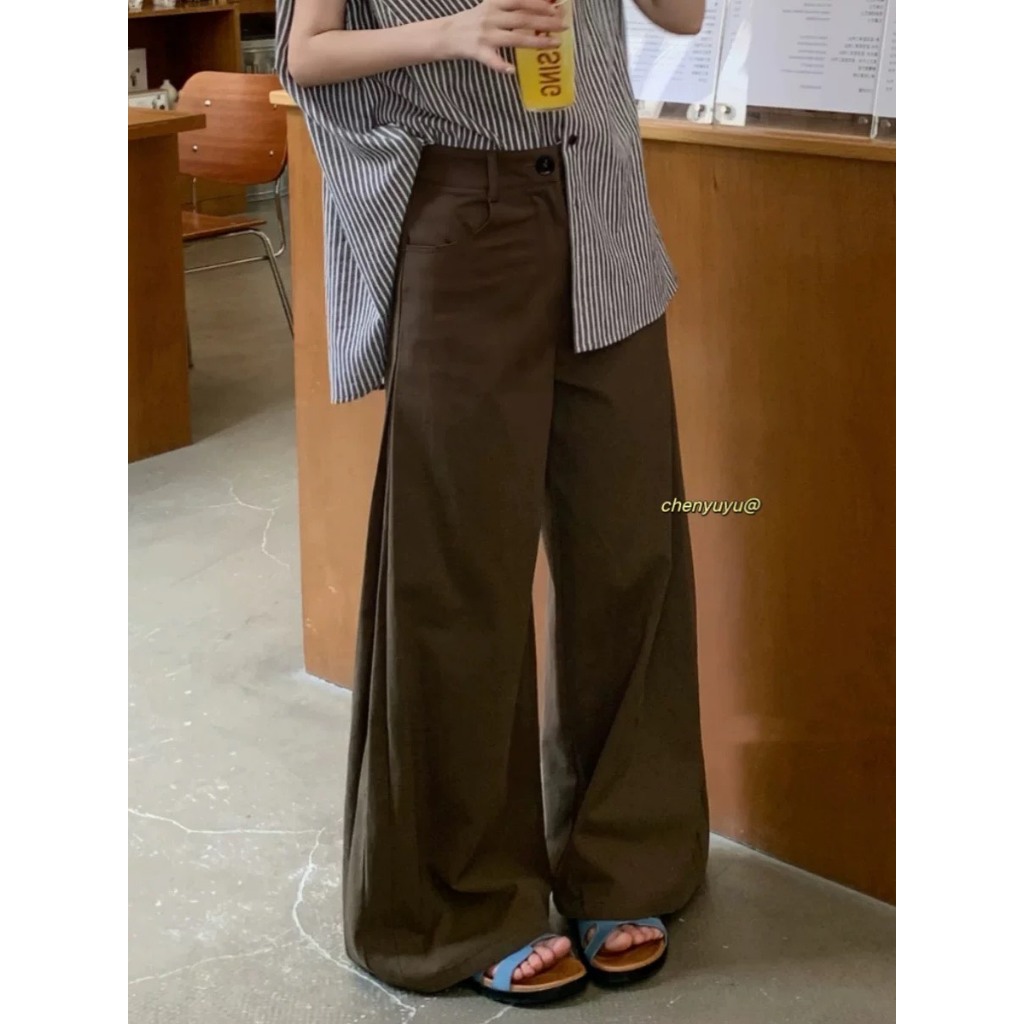 (sẵn) Quần kaki nữ ống rộng màu nâu tây trơn chiết bên hông QJ004 - Tiktik