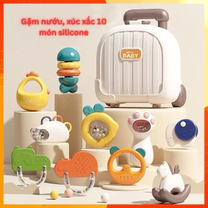 Bộ đồ chơi gặm nướu 10 món có hộp đựng vali ngộ nghĩnh, Xúc xắc bằng silicon hình động vật có hộp đựng vali ngộ nghĩnh